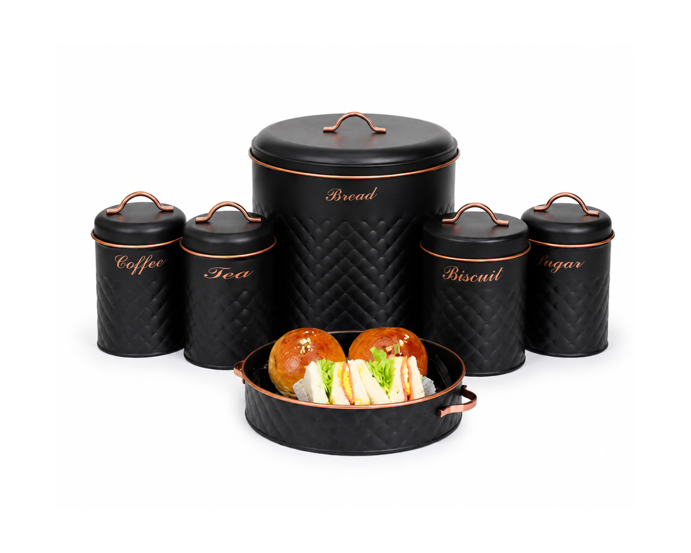 5-Piece Vintage Bread, Tea, Coffee, Biscuit & Sugar Storage Canister Set – Matte Black Kitchen Organizer