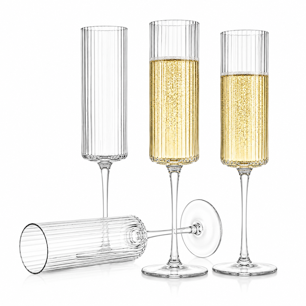 Ribbed Crystal Champagne Flute Glass Set of 6 – 190ml / 150ml