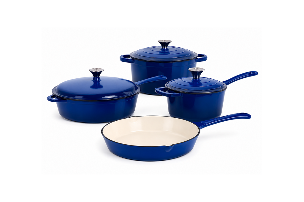 OSFE 7-Piece Enameled Cast Iron Cookware Set - Non-Stick Dutch Ovens, Saucepan & Skillet with Lids (Royal Blue)