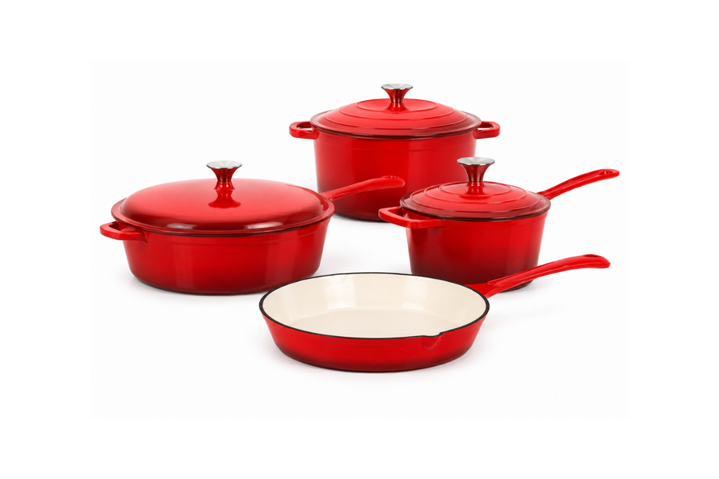OSFE 7-Piece Enameled Cast Iron Cookware Set - Non-Stick Dutch Ovens, Saucepan & Skillet with Lids (Vibrant Red)