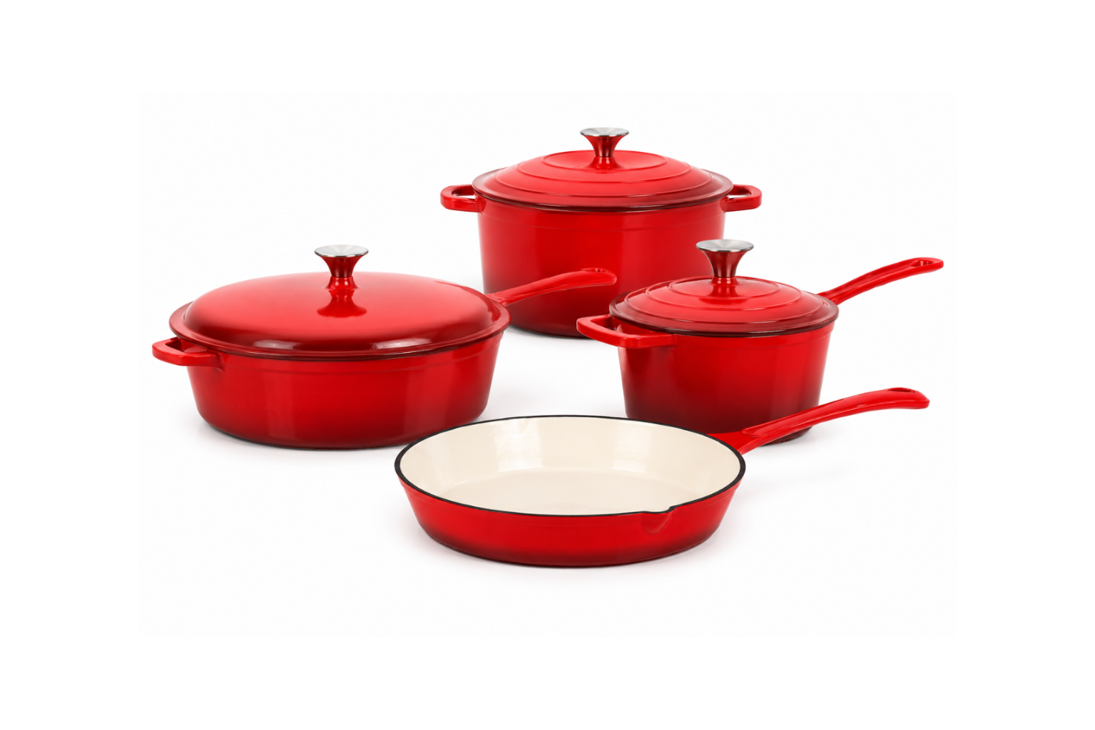 OSFE 7-Piece Enameled Cast Iron Cookware Set - Non-Stick Dutch Ovens, Saucepan & Skillet with Lids (Vibrant Red)