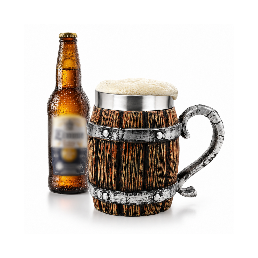 Rustic Viking Style Wooden Beer Mug – 400ml | Stainless Steel Lined | Premium Medieval Tankard