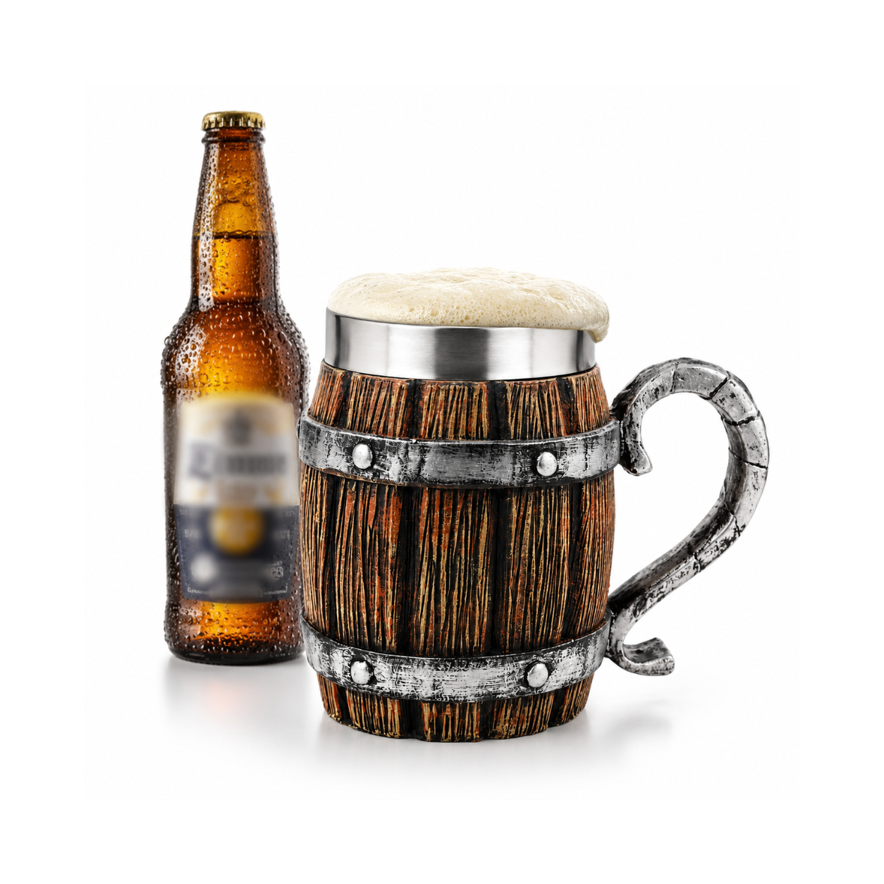Rustic Viking Style Wooden Beer Mug – 400ml | Stainless Steel Lined | Premium Medieval Tankard