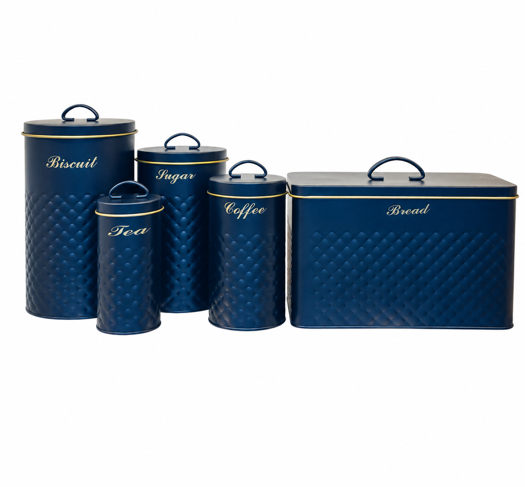5-Piece Vintage Pantry Storage Tin Set – Bread, Biscuit, Tea, Coffee & Sugar Kitchen Canisters