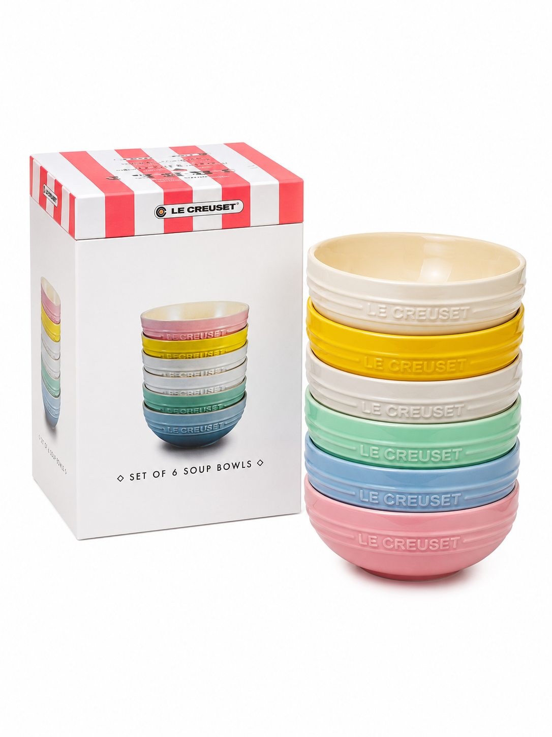 Le Creuset Stoneware Soup Bowl Set – 6 Piece Pastel Rainbow Collection
