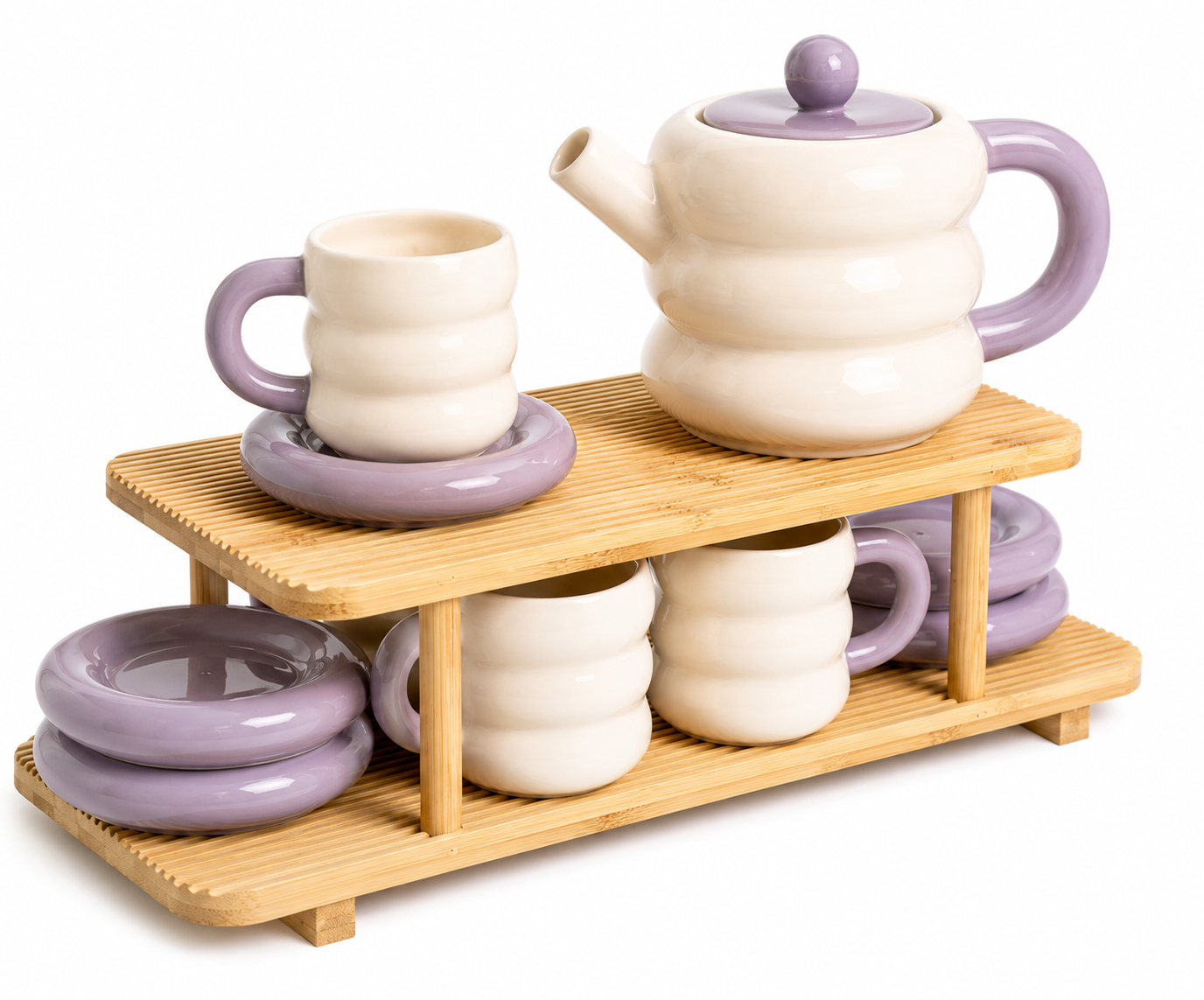 DONUT SERIES 13-Piece Ceramic Tea Set with Bamboo Display Rack – 1200ml Teapot & 200ml Cups | Gift Box Edition