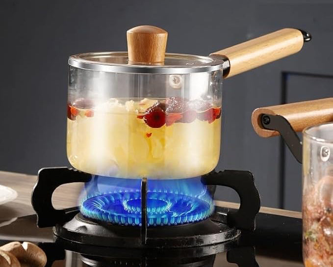 Premium Borosilicate Glass Cooking Saucepan with Wooden Handle (2200ml)