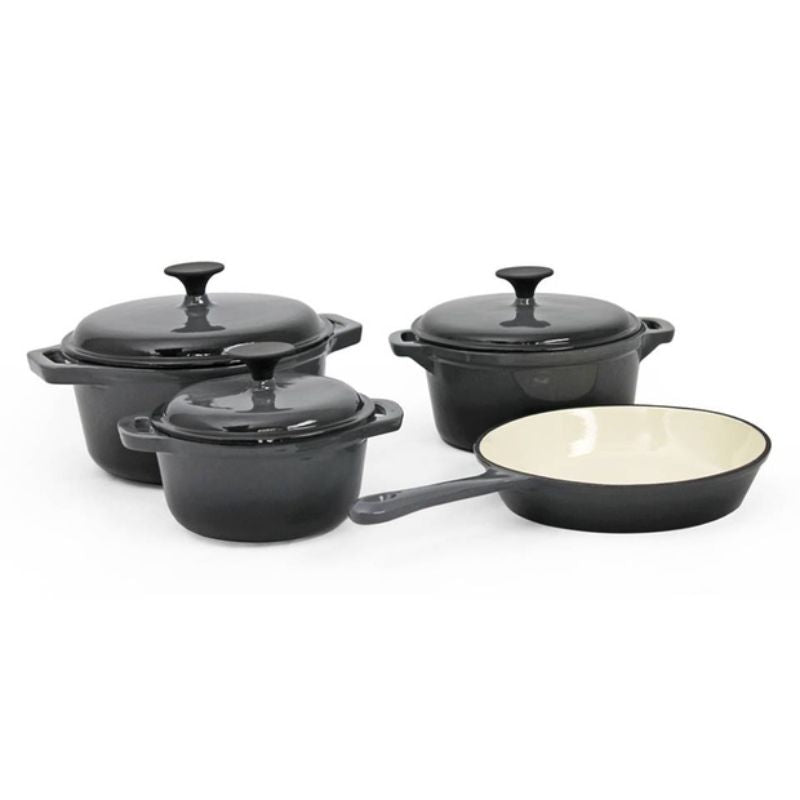 7-Piece Enameled Cast Iron Cookware Set - Premium Non-Stick Dutch Ovens, Saucepan & Skillet with Lids (Elegant Matte Black)