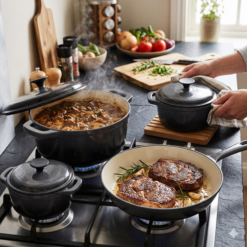 7-Piece Enameled Cast Iron Cookware Set - Premium Non-Stick Dutch Ovens, Saucepan & Skillet with Lids (Elegant Matte Black)