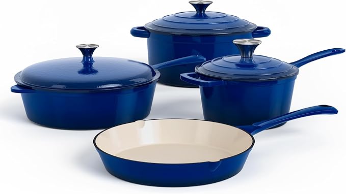 DishDelight 7-Piece Enameled Cast Iron Cookware Set - Non-Stick Dutch Ovens, Saucepan & Skillet with Lids (Royal Blue)