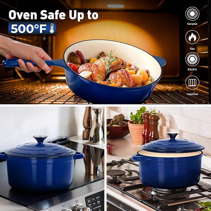 DishDelight 7-Piece Enameled Cast Iron Cookware Set - Non-Stick Dutch Ovens, Saucepan & Skillet with Lids (Royal Blue)