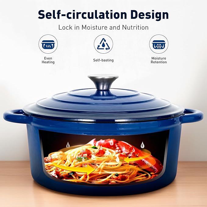 DishDelight 7-Piece Enameled Cast Iron Cookware Set - Non-Stick Dutch Ovens, Saucepan & Skillet with Lids (Royal Blue)