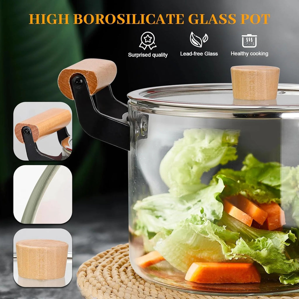 Premium Borosilicate Glass Cooking Pot with Wooden Handles (3.5L, 4.5L, 5.5L)