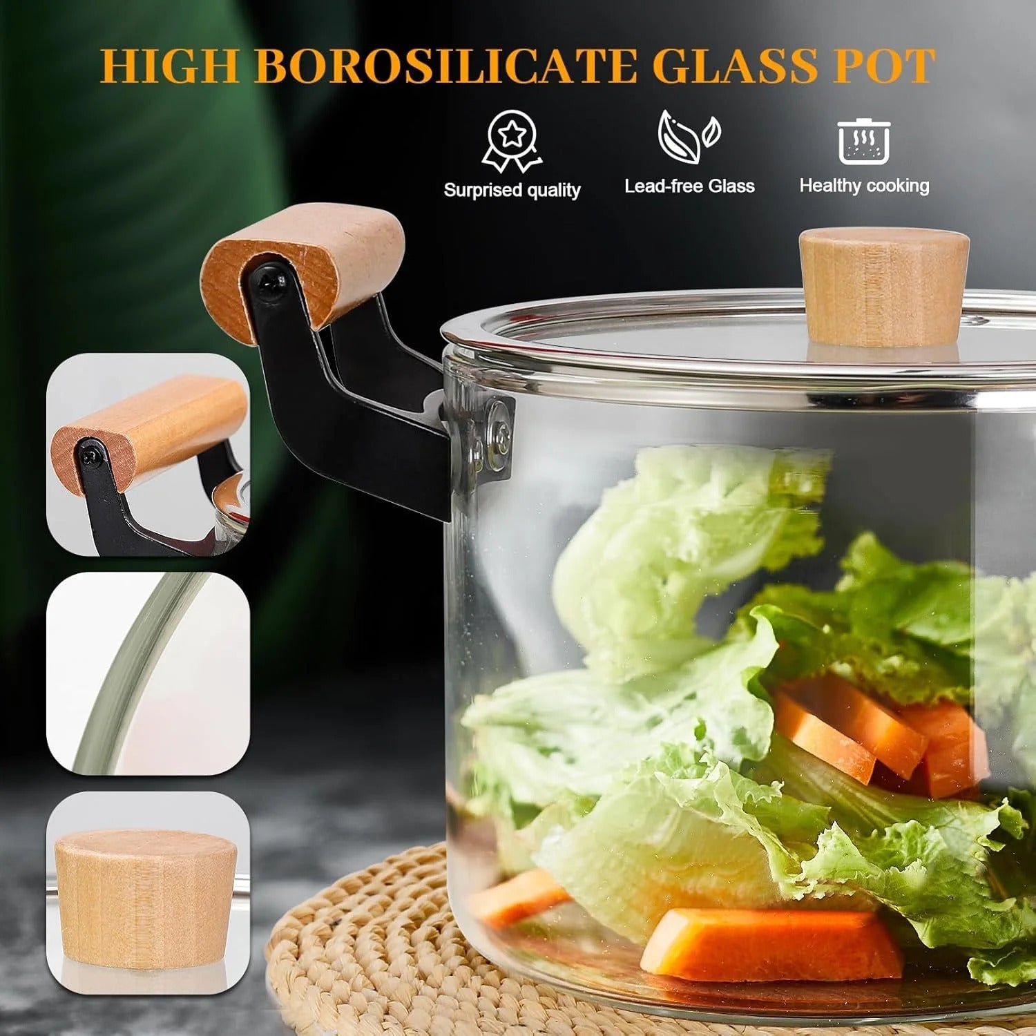 Premium Borosilicate Glass Cooking Pot with Wooden Handles (3.5L, 4.5L, 5.5L)