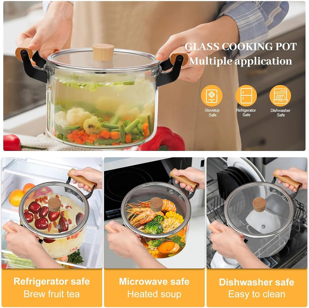 Premium Borosilicate Glass Cooking Pot with Wooden Handles (3.5L, 4.5L, 5.5L)