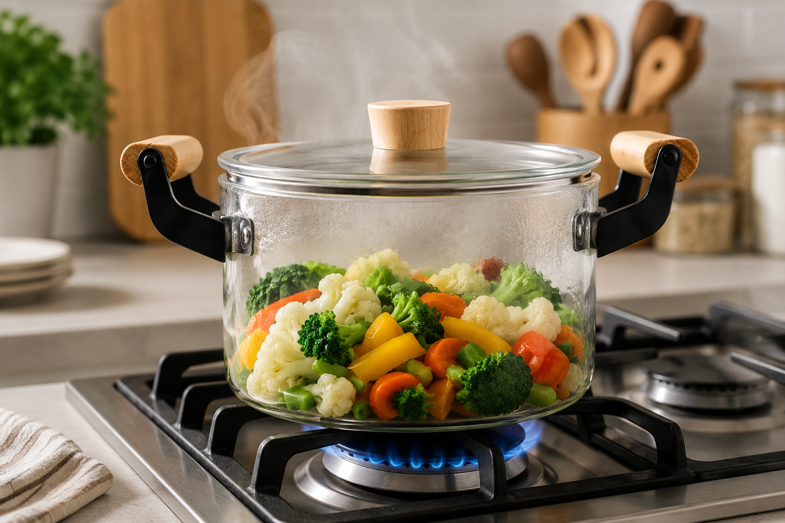 Premium Borosilicate Glass Cooking Pot with Wooden Handles (3.5L, 4.5L, 5.5L)