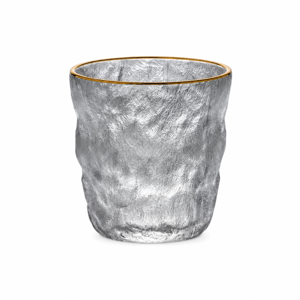 Frozen Ice Gold Rim Drink Glass Set – 280ml Crystal Clear Textured (6 Pieces)