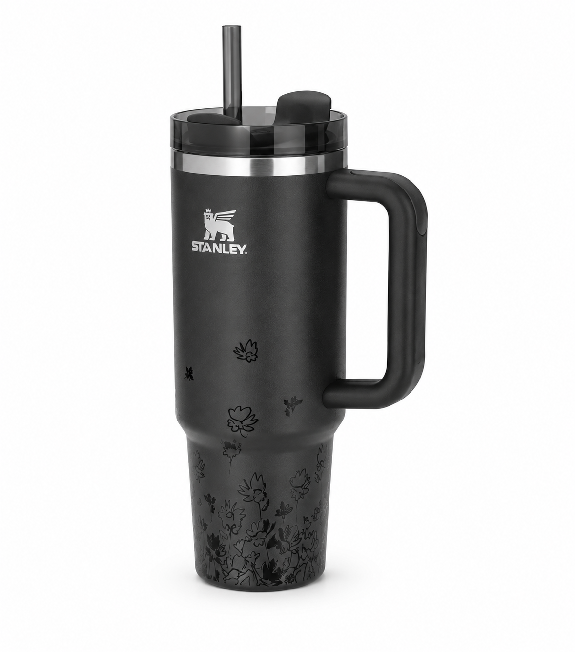 Stanley Quencher H2.0 Floral Black Tumbler 40oz | Stainless Steel Travel Mug with Handle & Straw (No Motif Charm Included)