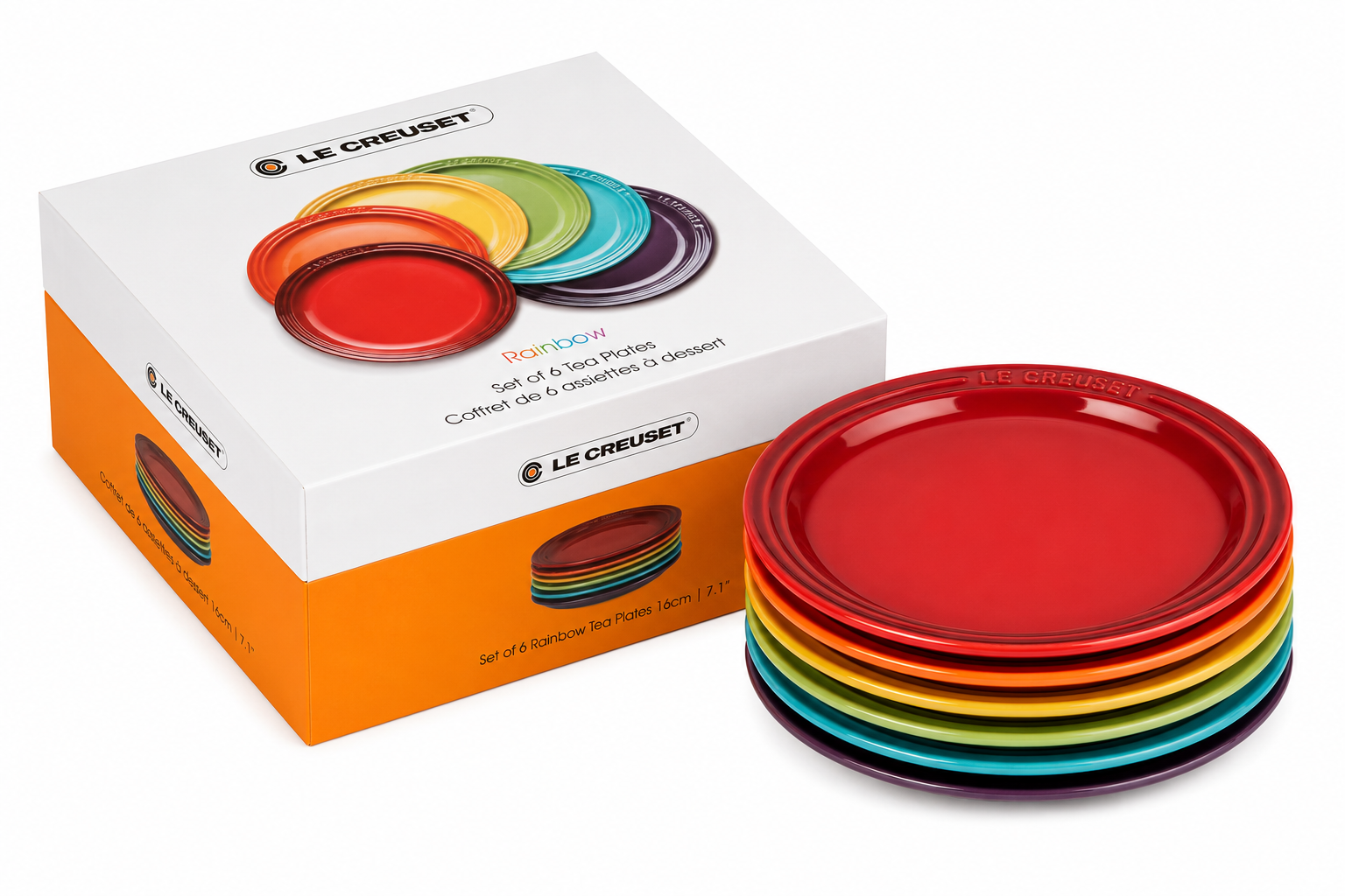 Le Creuset Stoneware Set of 6 Rainbow Tea Plates, 18cm, Cherry, Volcanic, Soleil, Palm, Teal, Ultra Violet, 18 cm