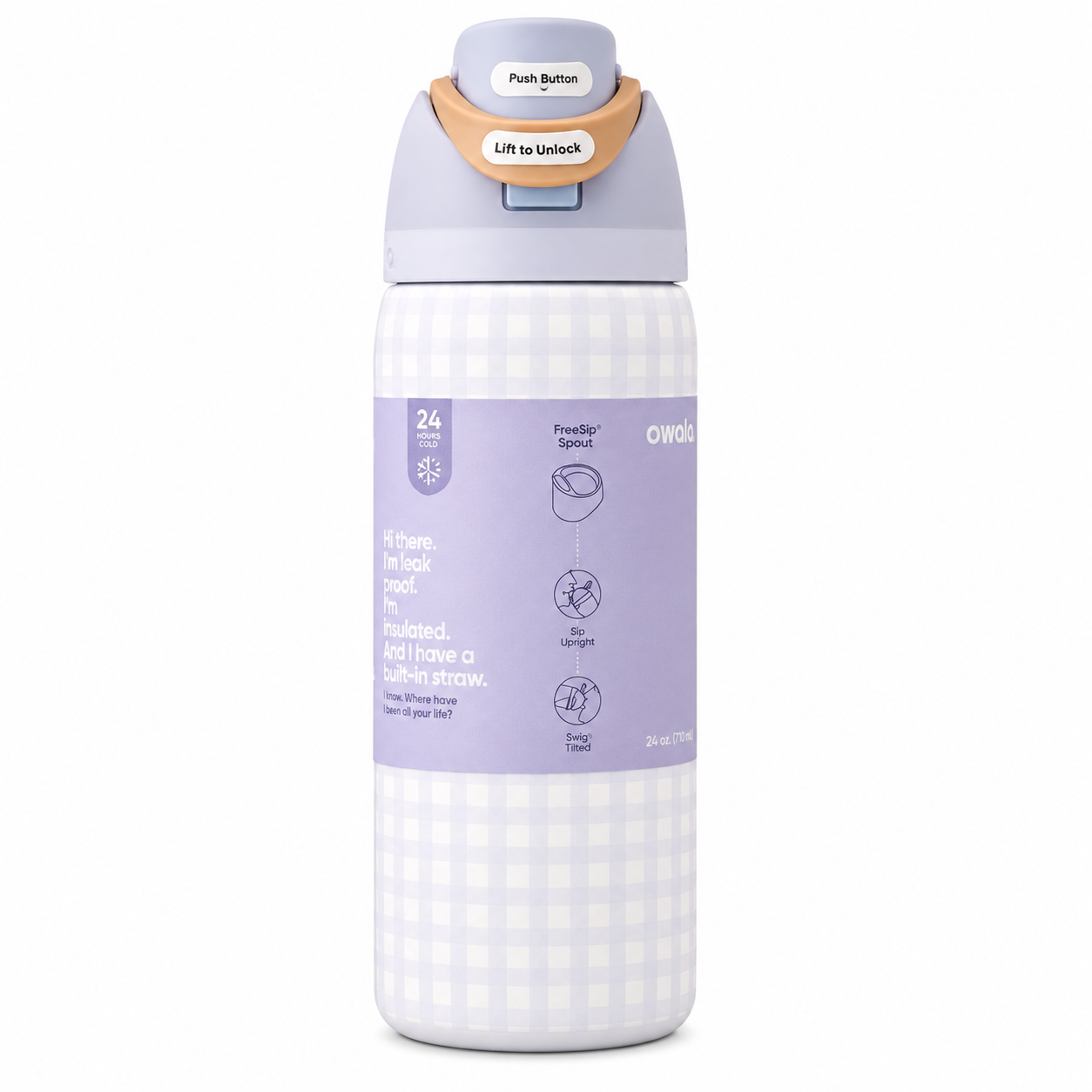 Owala Lavender Gingham FreeSip Insulated Water Bottle – 32oz
