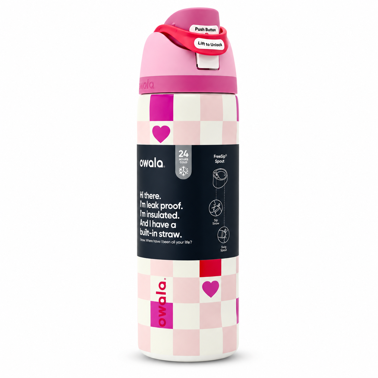 Owala Pink Checkered Hearts FreeSip Insulated Water Bottle – 24oz