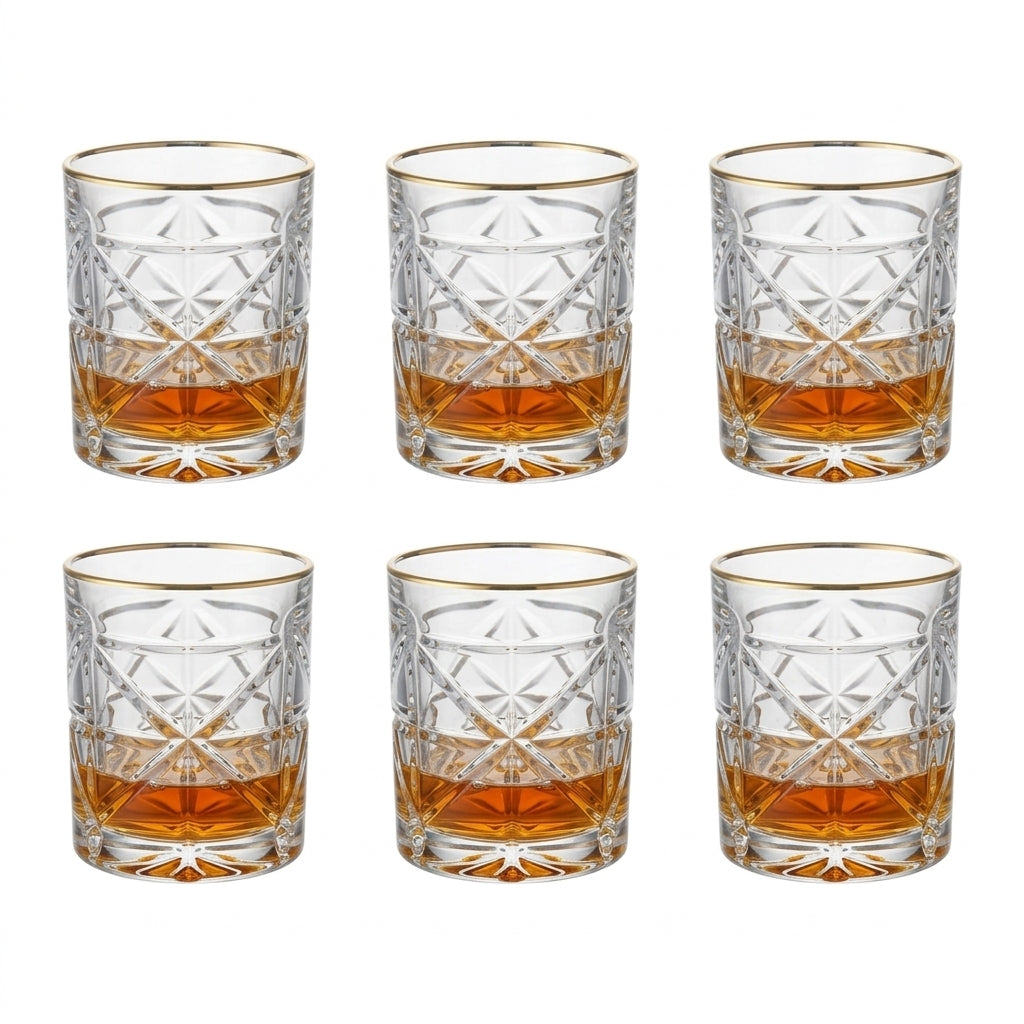 Premium Diamond-Cut Crystal Whiskey Glasses with Elegant Gold Rim 300ml (Set of 6)