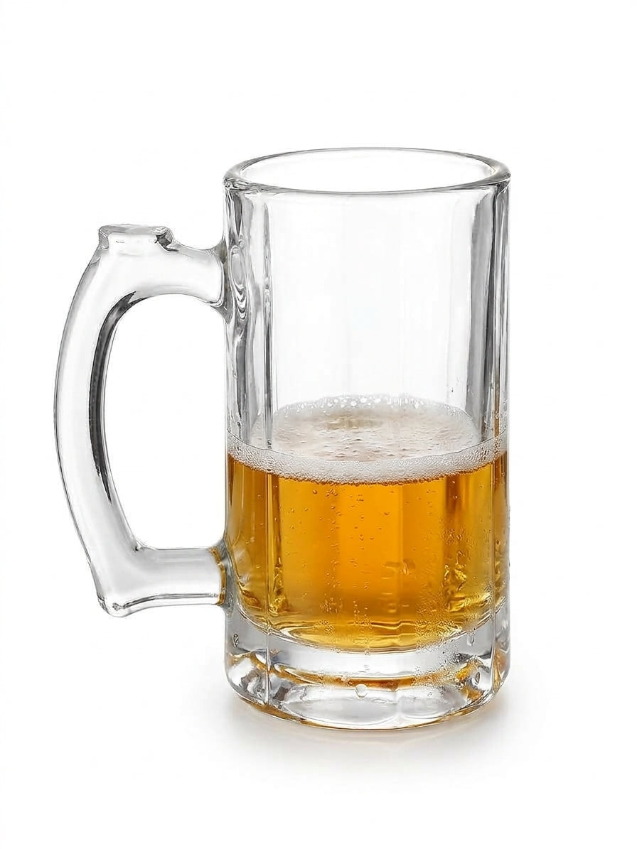 Set of 2 Premium Clear Glass Beer Mugs (400ml) – Classic Faceted Bottom Tankards with Sturdy Handles