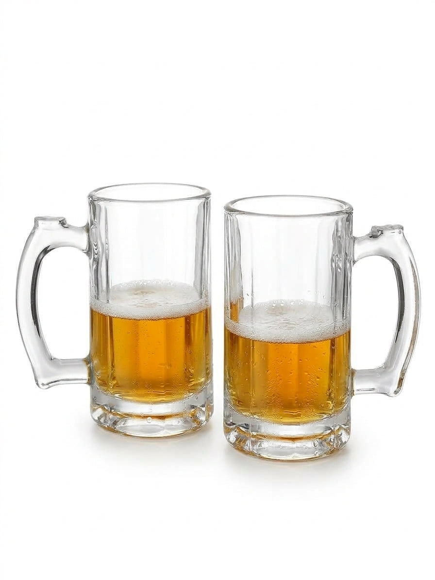 Set of 2 Premium Clear Glass Beer Mugs (400ml) – Classic Faceted Bottom Tankards with Sturdy Handles