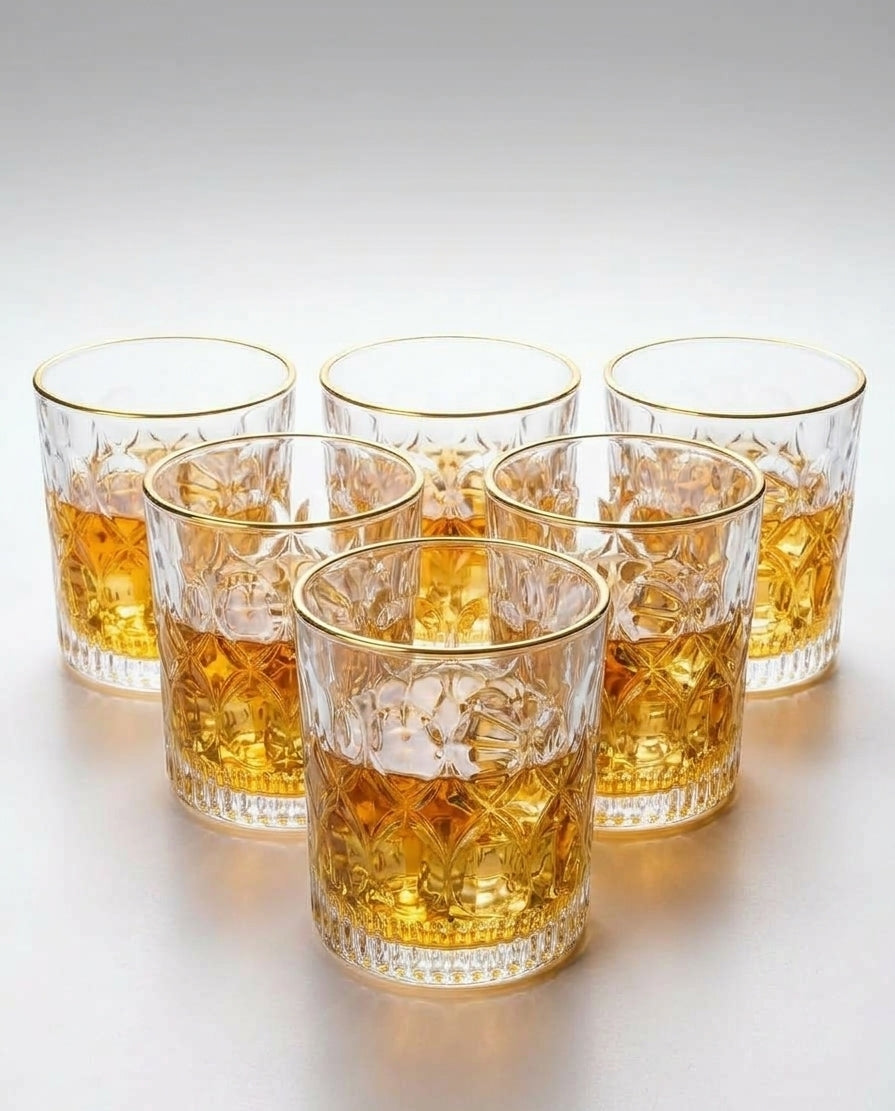 Premium Diamond Cut Crystal Whiskey Glasses with Elegant Gold Rim 340ml (Set of 6)