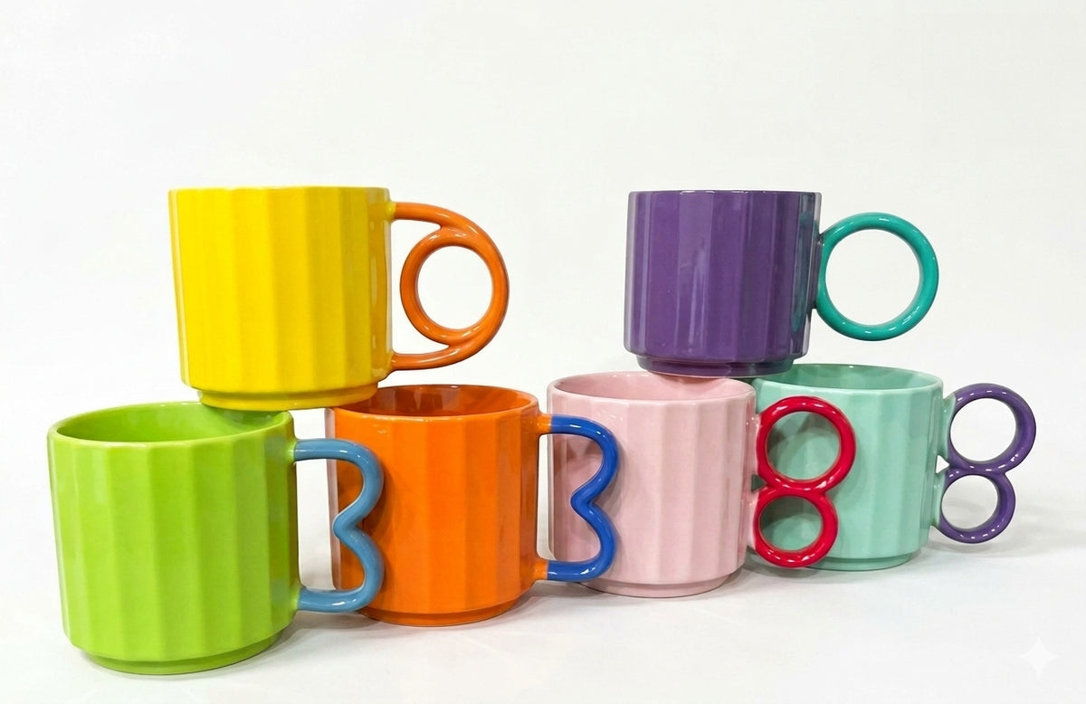 Pastel Ribbed Ceramic Mug with Geometric Handle 310ml-Set of 6
