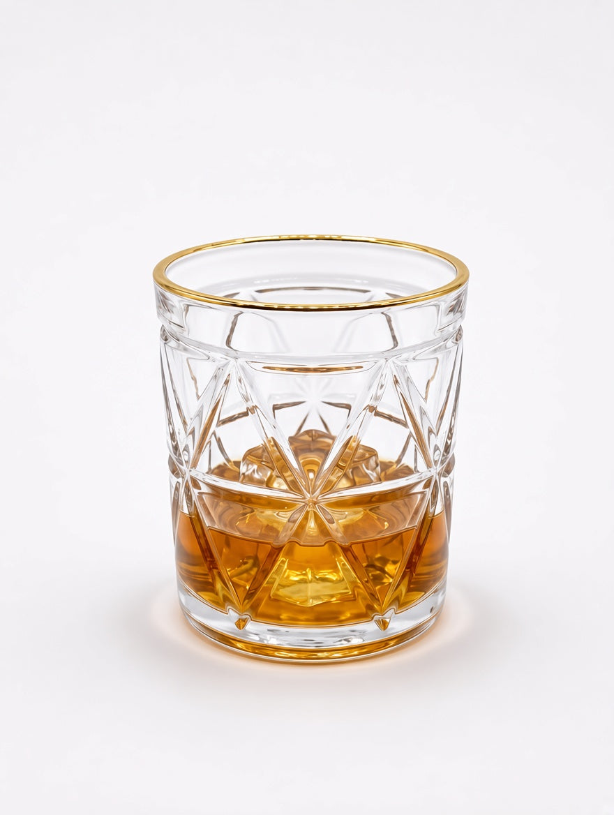Premium 340ml Gold Rim Diamond Cut Whiskey Glasses (Set of 6)
