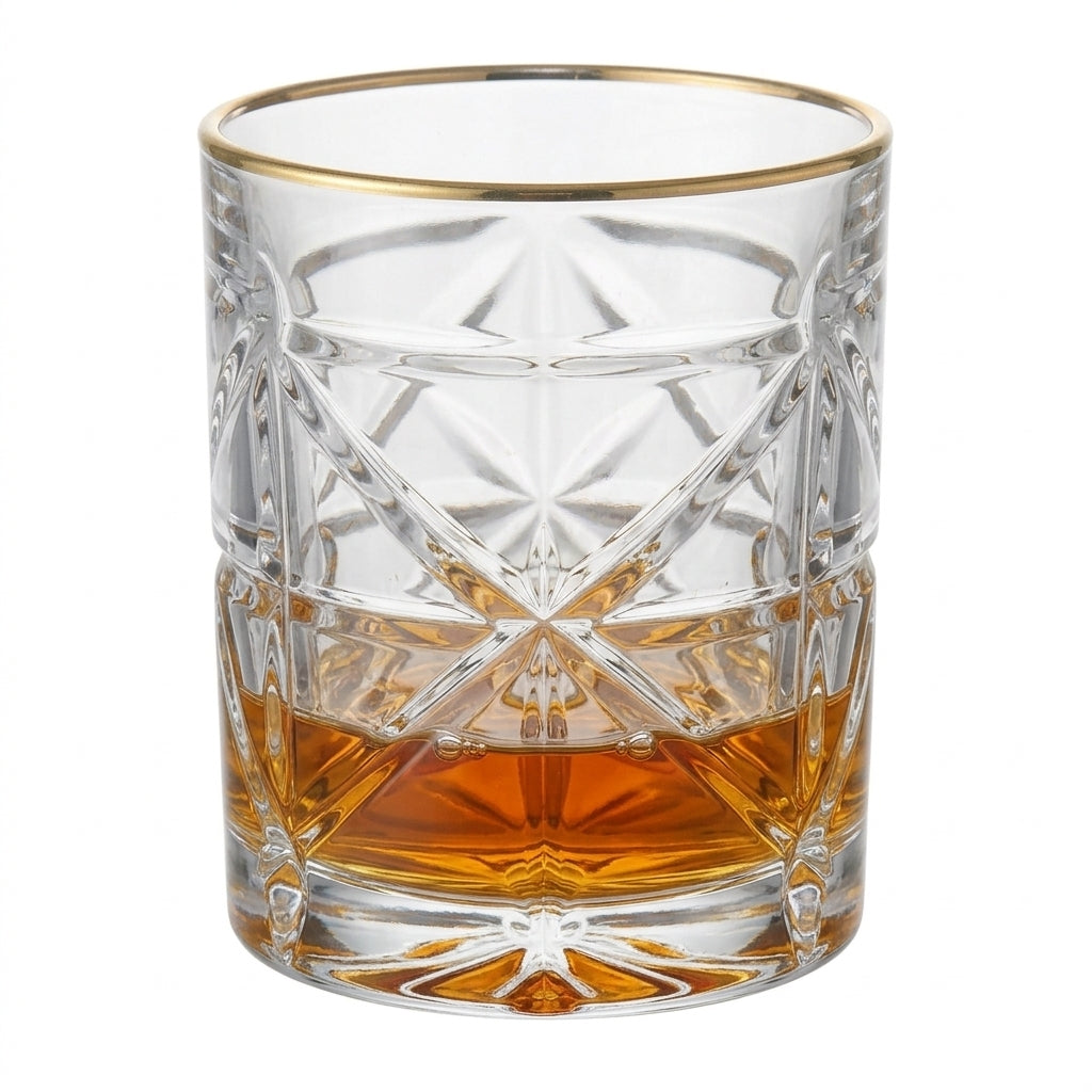 Premium Diamond-Cut Crystal Whiskey Glasses with Elegant Gold Rim 300ml (Set of 6)