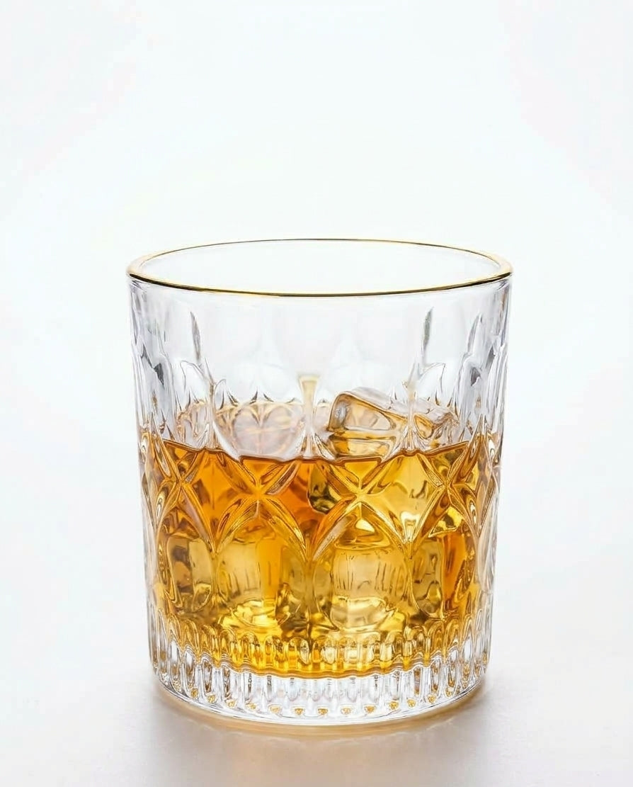 Premium Diamond Cut Crystal Whiskey Glasses with Elegant Gold Rim 340ml (Set of 6)