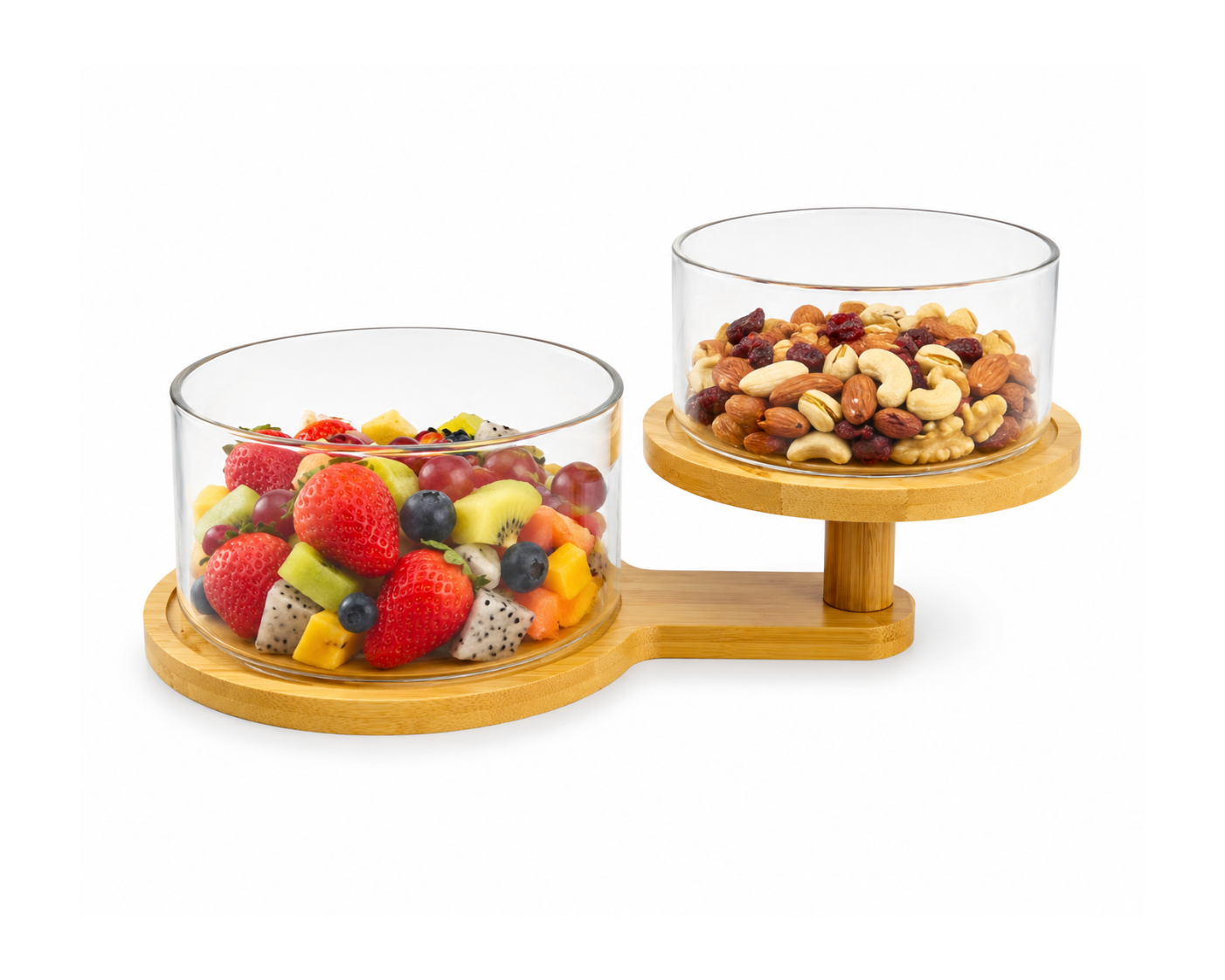 Stylish Double-Tier Glass Fruit Bowl with Bamboo Stand