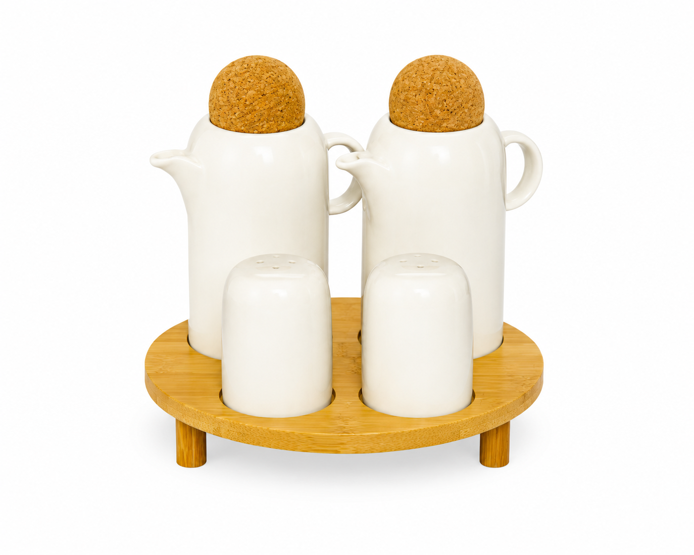 4-Piece Ceramic Condiment Set with Bamboo Stand & Cork Lids