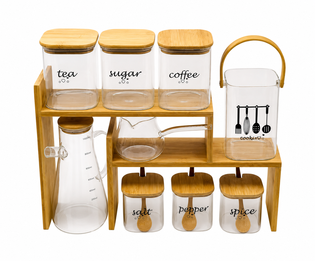9-Piece Complete Kitchen Organiser Stand Set – Bamboo Rack