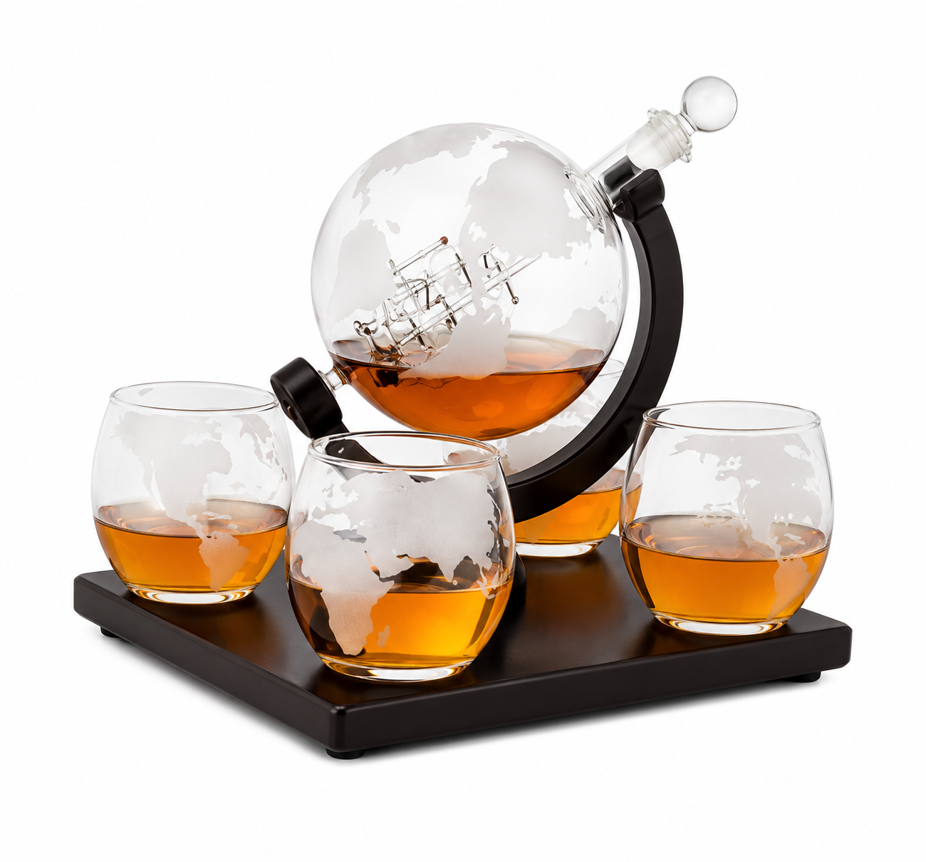 Luxury Globe Whiskey & Wine Decanter Set – 850ml Globe Dispenser with 4 × 300ml Glasses