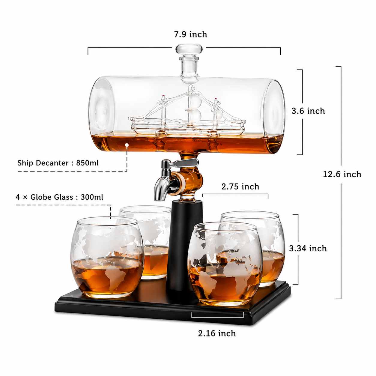 Luxury Ship-in-Bottle Whiskey & Wine Dispenser Set – 850ml Decanter with 4 × 300ml Globe Glasses