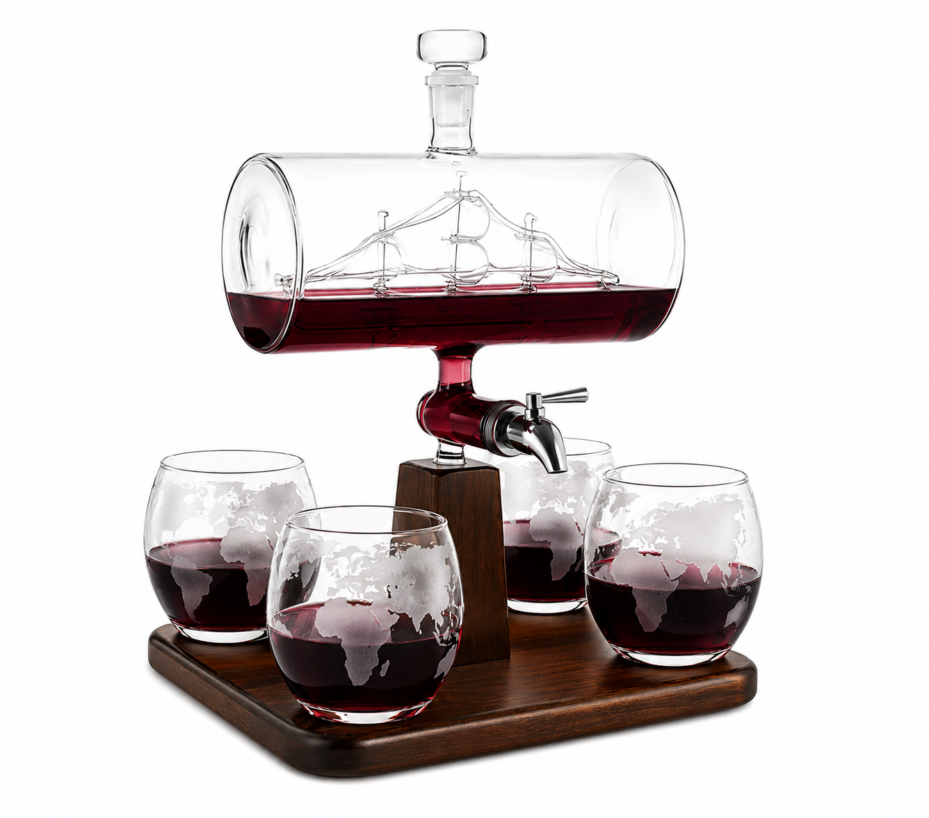 Luxury Ship-in-Bottle Whiskey & Wine Dispenser Set – 850ml Decanter with 4 × 300ml Globe Glasses