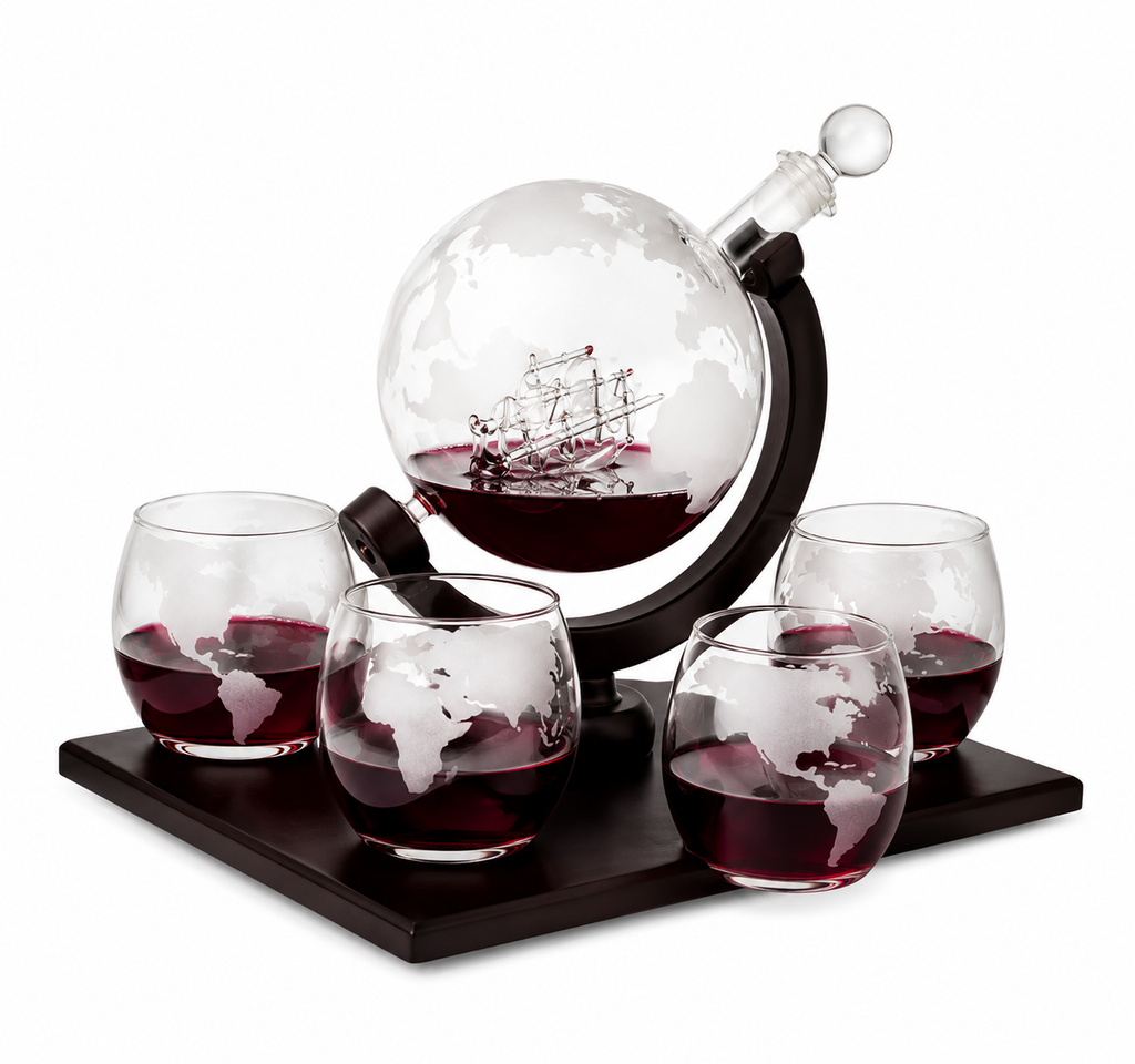 Luxury Globe Whiskey & Wine Decanter Set – 850ml Globe Dispenser with 4 × 300ml Glasses